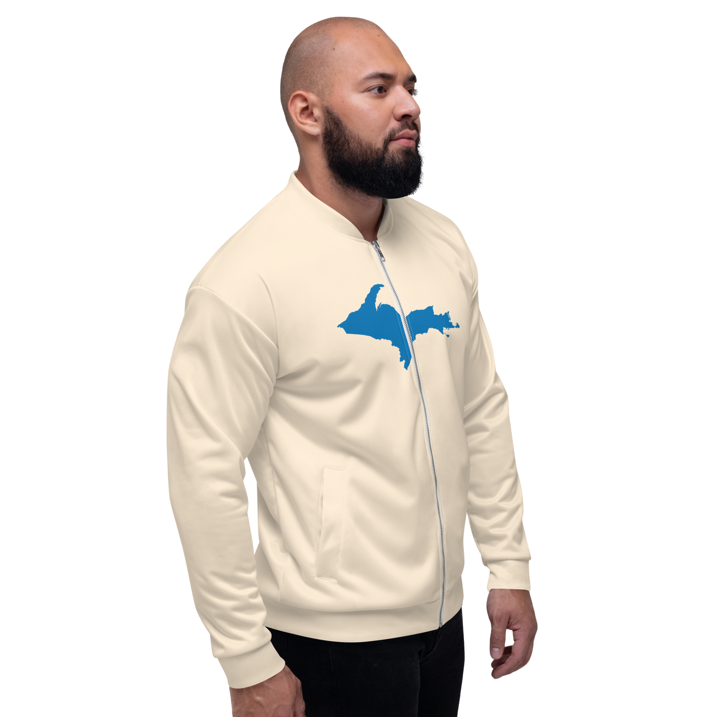 Michigan Upper Peninsula Bomber Jacket (w/ Large Azure UP Outline) | Champagne White