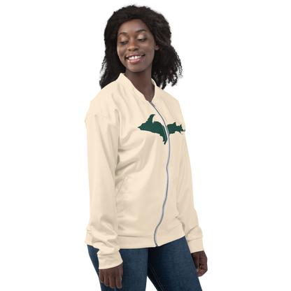 Michigan Upper Peninsula Bomber Jacket (w/ Large Green UP Outline) | Champagne White