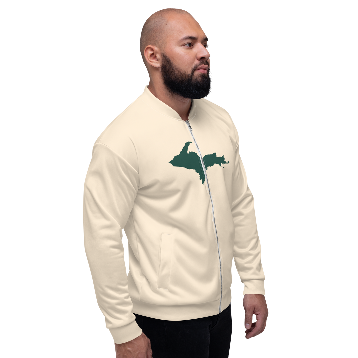 Michigan Upper Peninsula Bomber Jacket (w/ Large Green UP Outline) | Champagne White