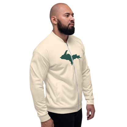 Michigan Upper Peninsula Bomber Jacket (w/ Large Green UP Outline) | Champagne White