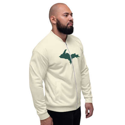 Michigan Upper Peninsula Bomber Jacket (w/ Large Green UP Outline) | Ivory White