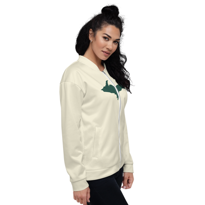 Michigan Upper Peninsula Bomber Jacket (w/ Large Green UP Outline) | Ivory White