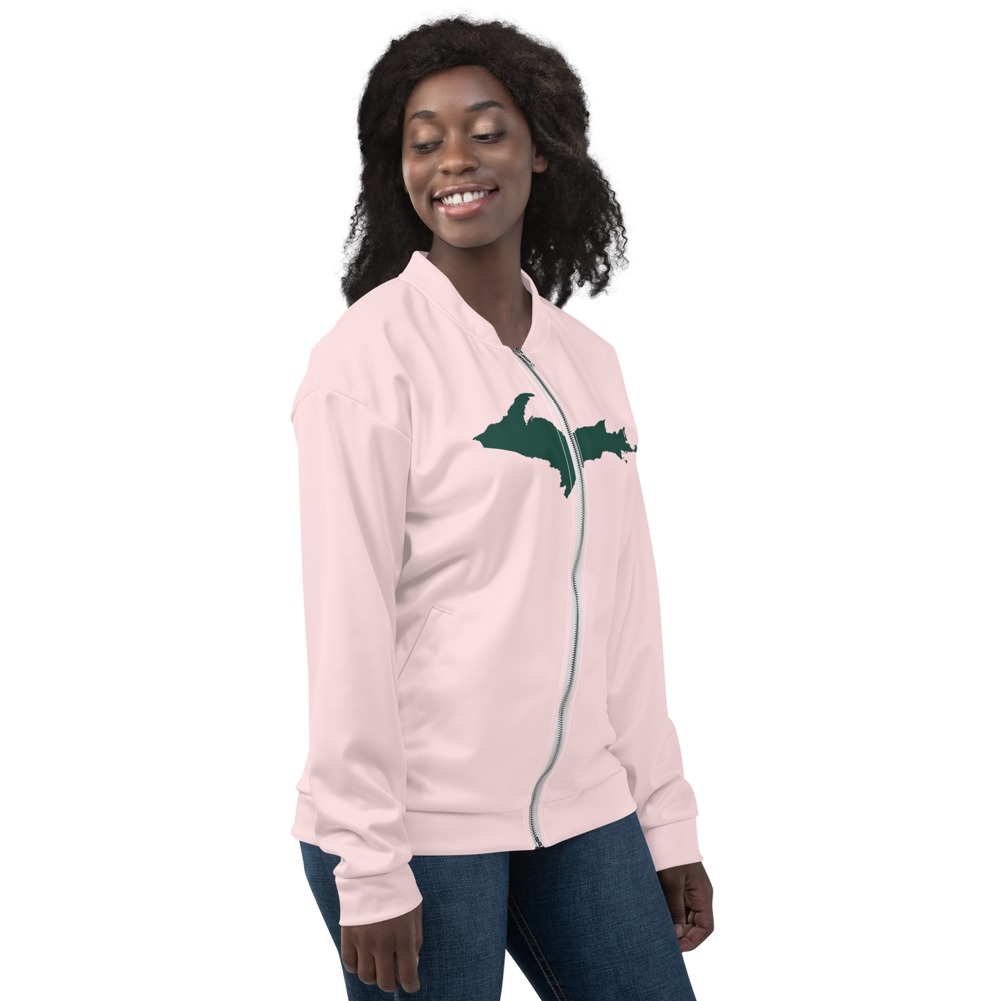 Michigan Upper Peninsula Bomber Jacket (w/ Large Green UP Outline) | Pale Pink