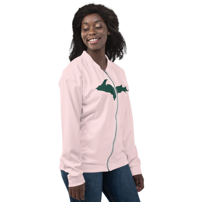 Michigan Upper Peninsula Bomber Jacket (w/ Large Green UP Outline) | Pale Pink