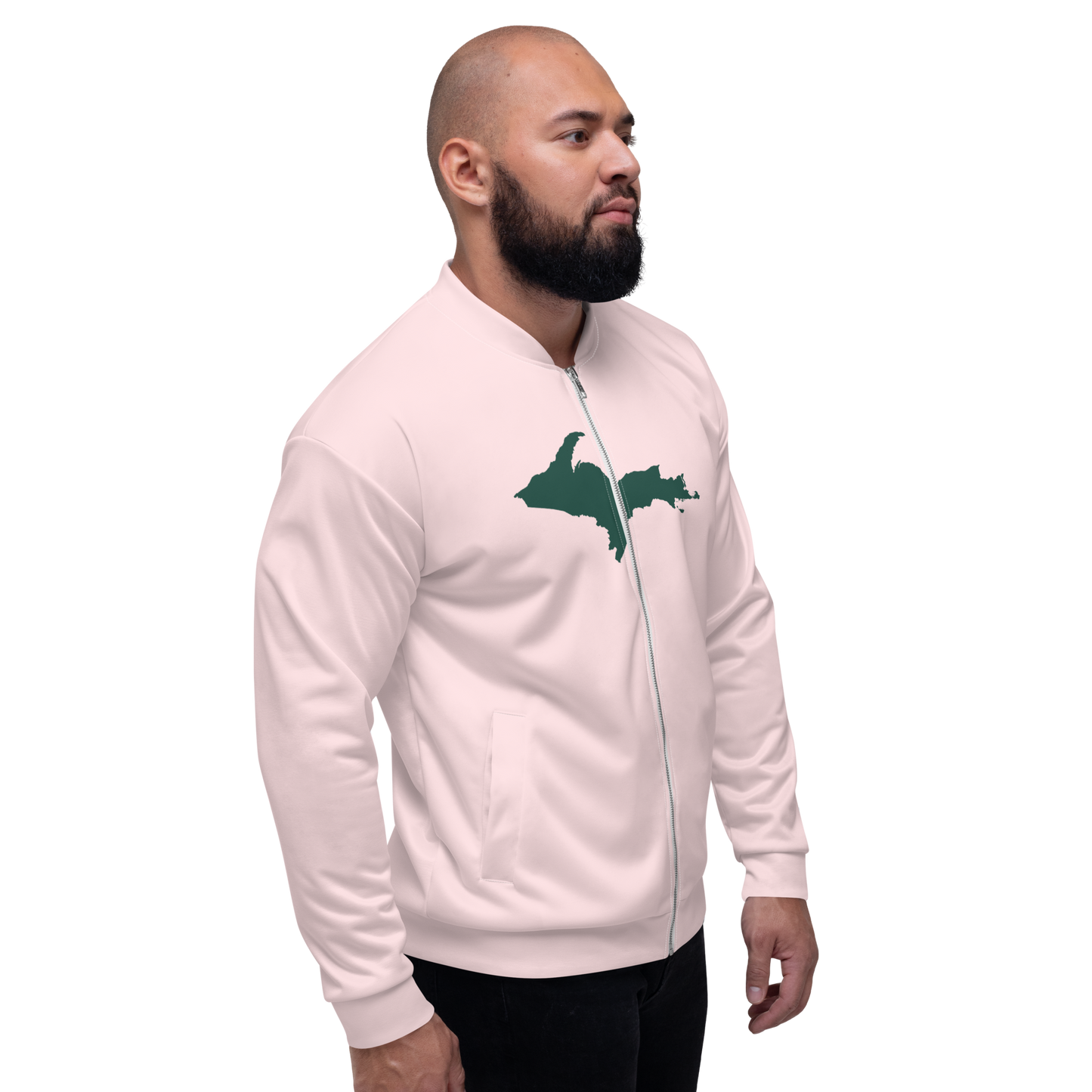 Michigan Upper Peninsula Bomber Jacket (w/ Large Green UP Outline) | Pale Pink