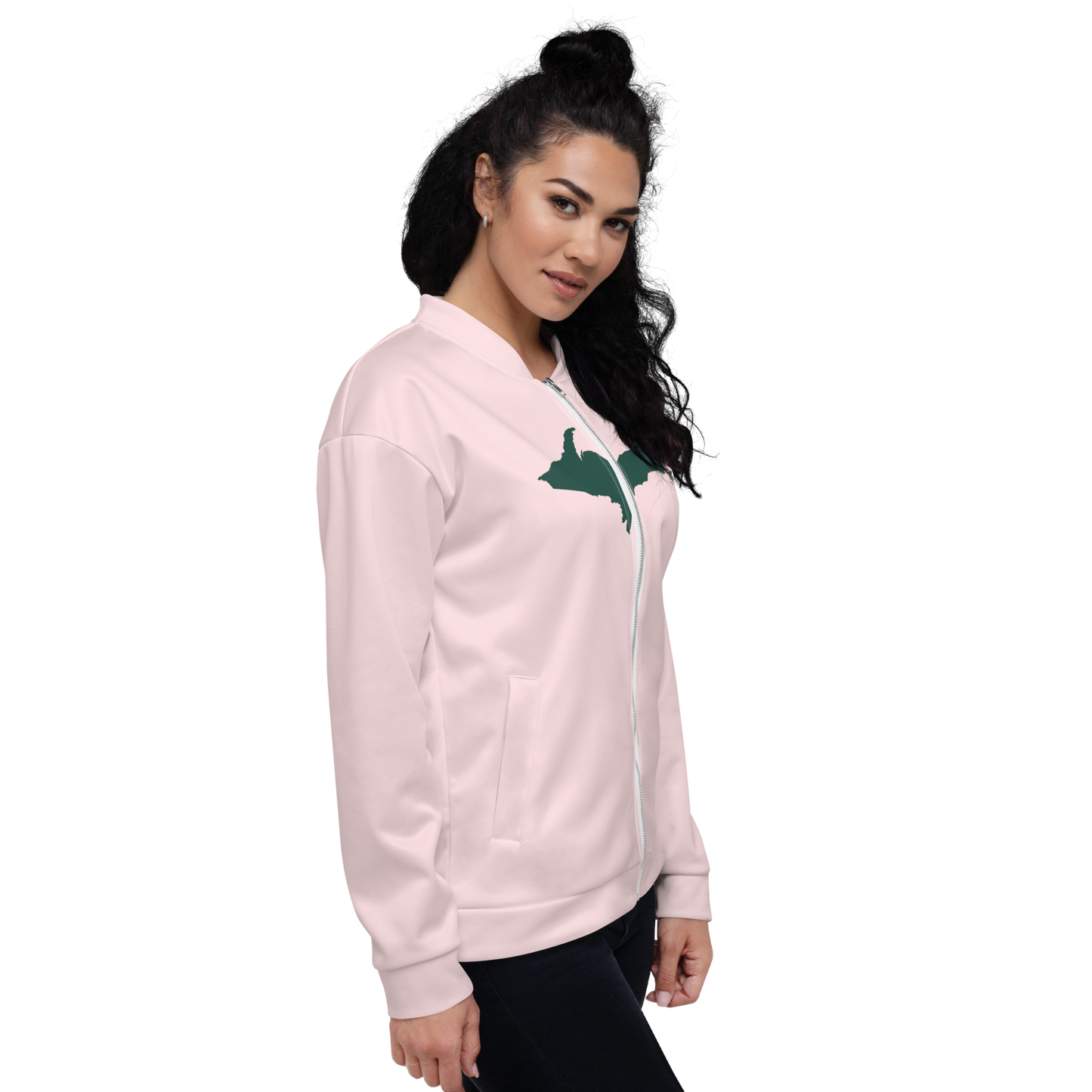 Michigan Upper Peninsula Bomber Jacket (w/ Large Green UP Outline) | Pale Pink