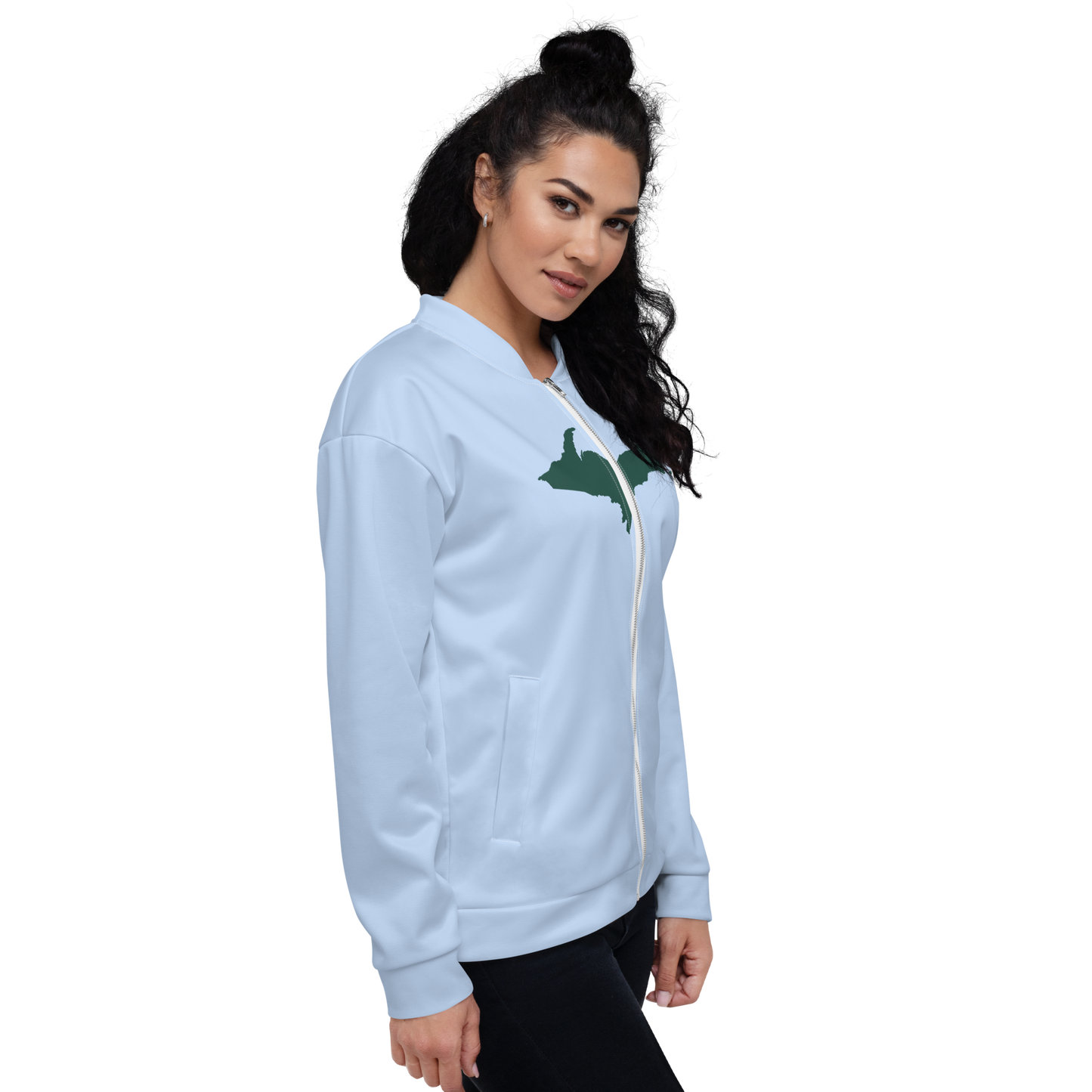 Michigan Upper Peninsula Bomber Jacket (w/ Large Green UP Outline) | Light Blue