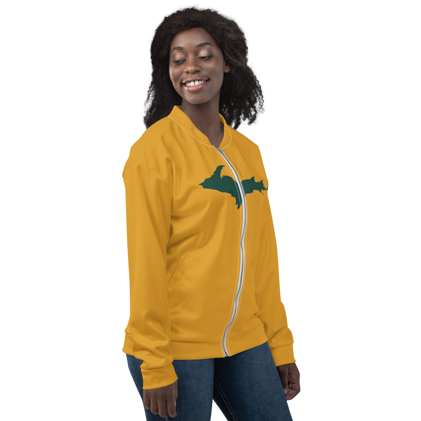 Michigan Upper Peninsula Bomber Jacket (w/ Large Green UP Outline) | Gold