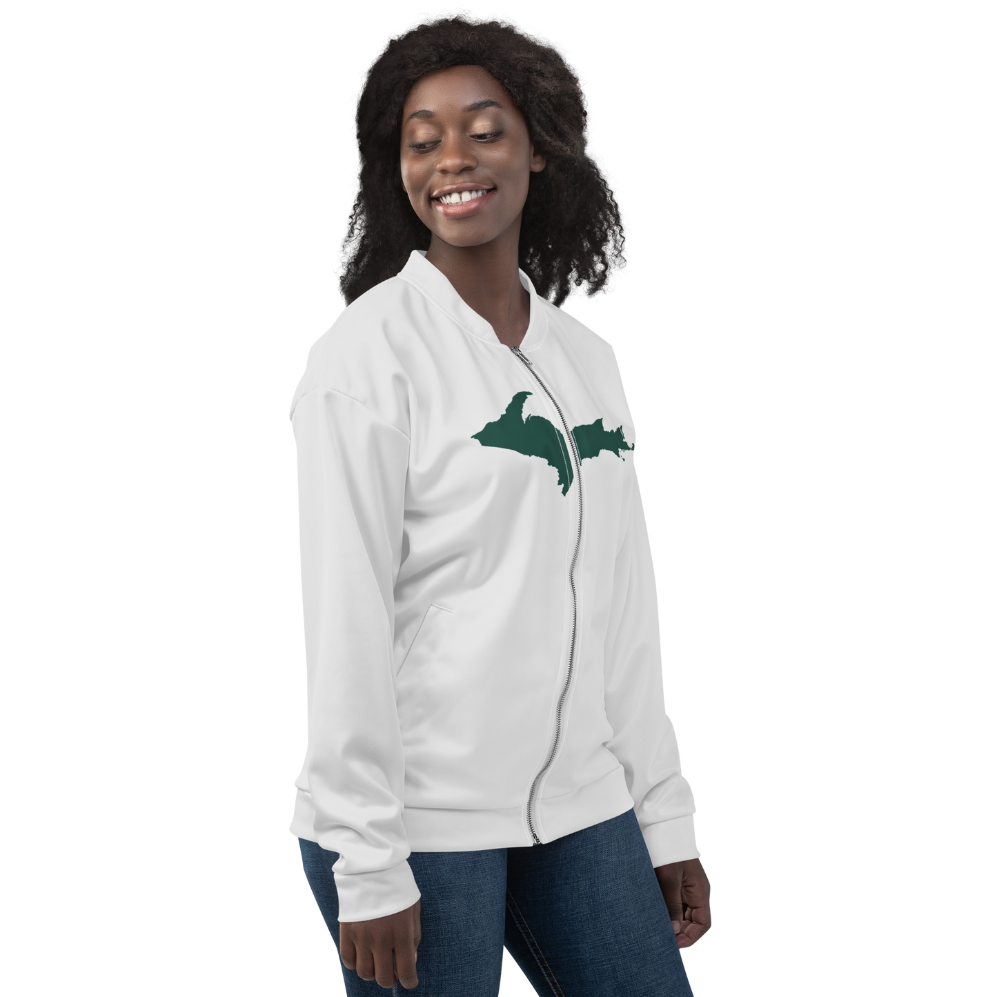 Michigan Upper Peninsula Bomber Jacket (w/ Large Green UP Outline) | Birch Bark White