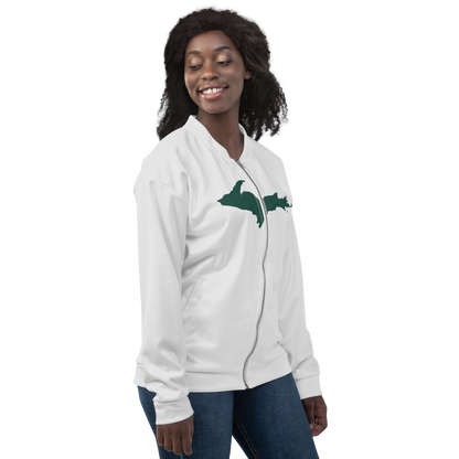 Michigan Upper Peninsula Bomber Jacket (w/ Large Green UP Outline) | Birch Bark White