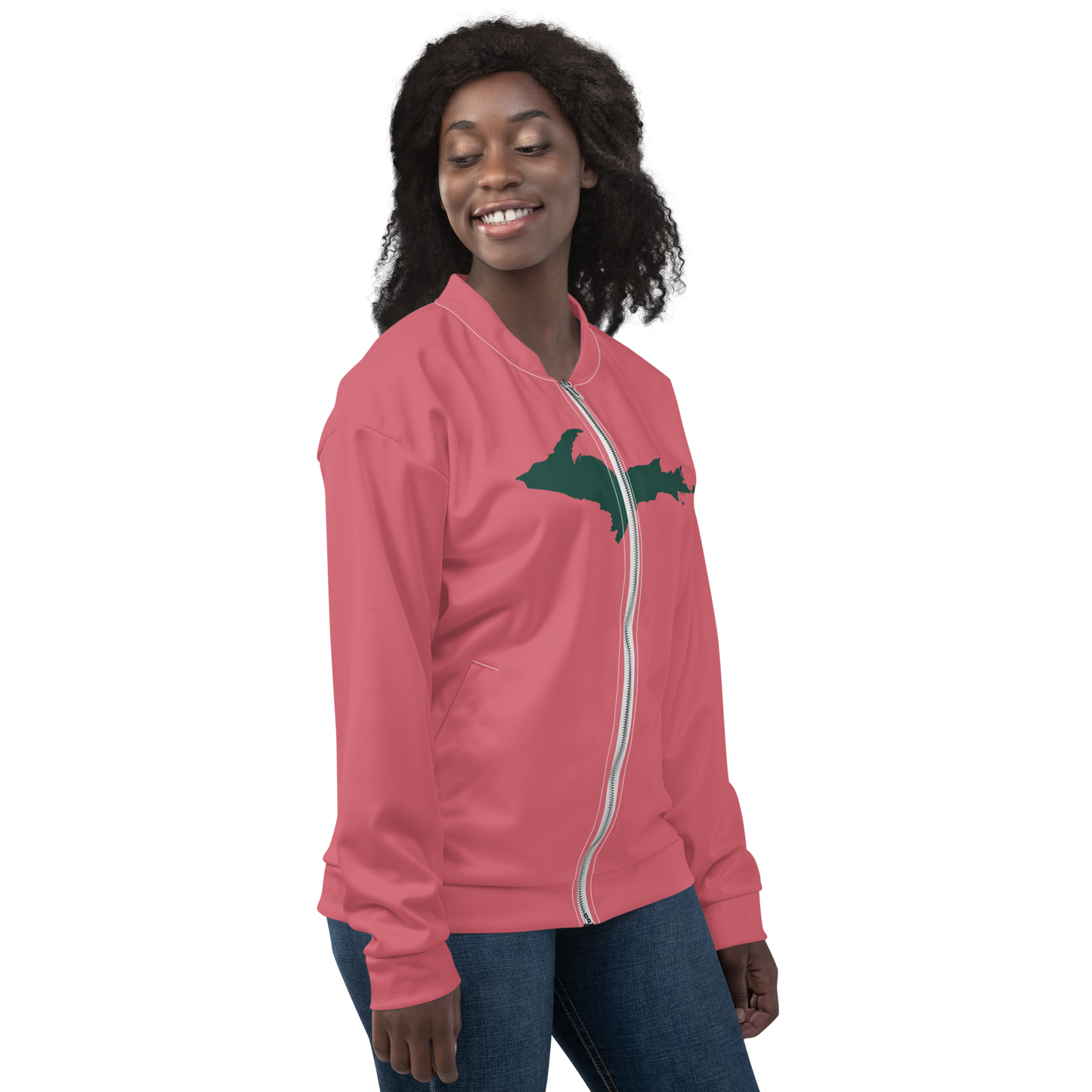 Michigan Upper Peninsula Bomber Jacket (w/ Large Green UP Outline) | Watermelon Pink