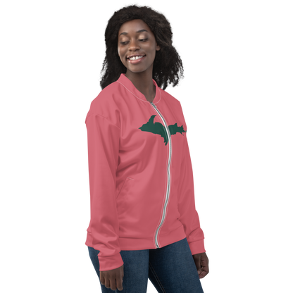 Michigan Upper Peninsula Bomber Jacket (w/ Large Green UP Outline) | Watermelon Pink