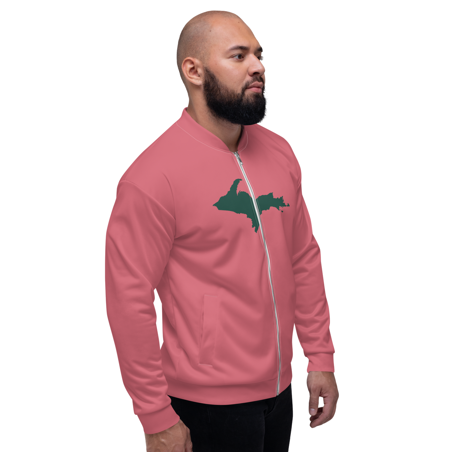 Michigan Upper Peninsula Bomber Jacket (w/ Large Green UP Outline) | Watermelon Pink