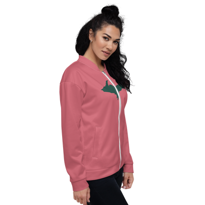 Michigan Upper Peninsula Bomber Jacket (w/ Large Green UP Outline) | Watermelon Pink