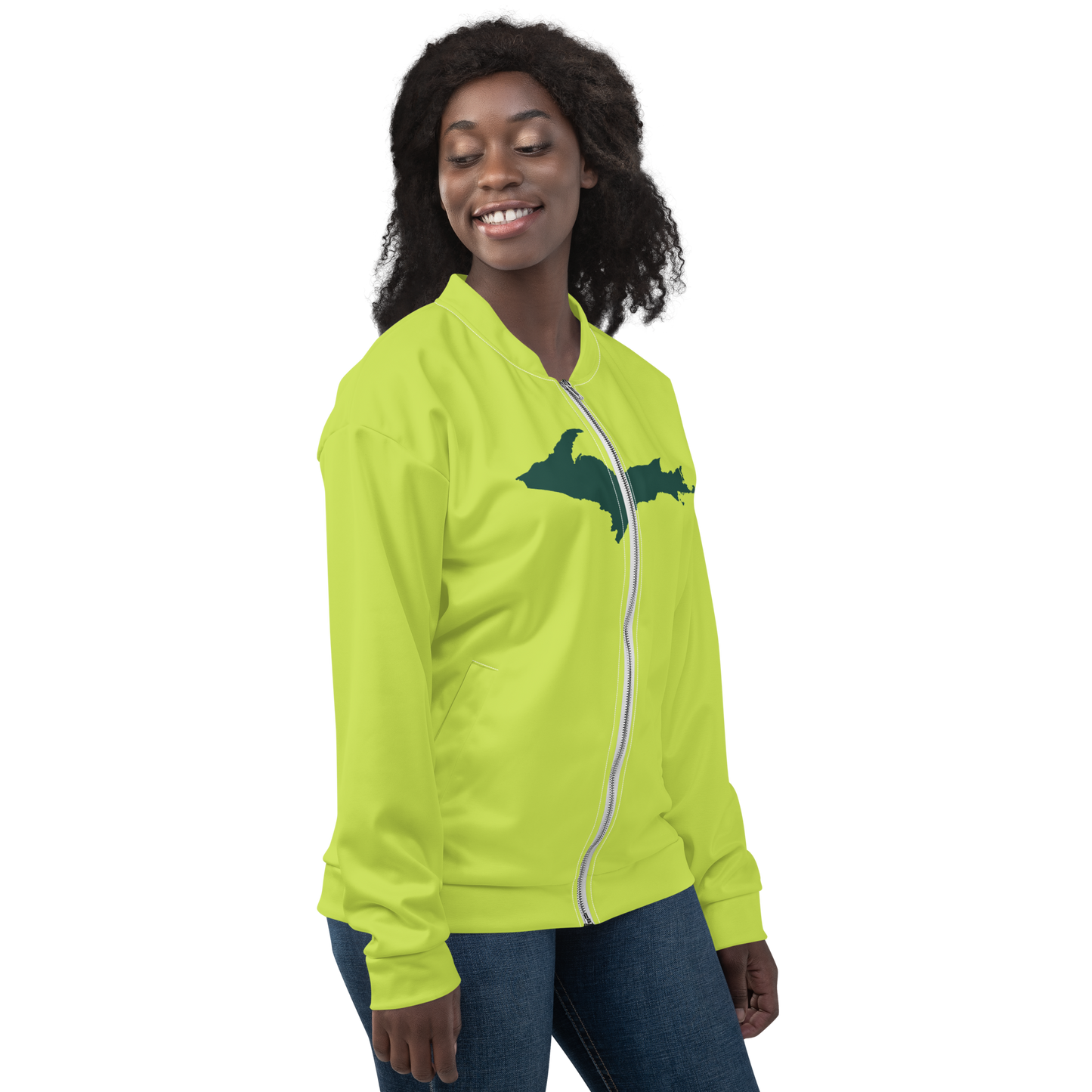 Michigan Upper Peninsula Bomber Jacket (w/ Large Green UP Outline) | Gooseberry Green