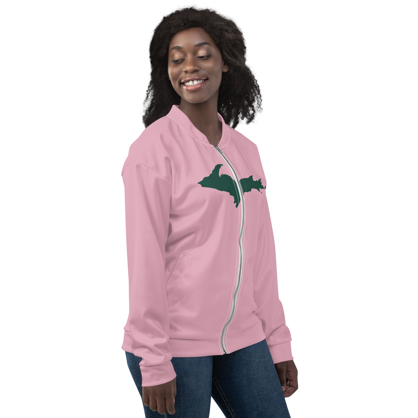 Michigan Upper Peninsula Bomber Jacket (w/ Large Green UP Outline) | Pink