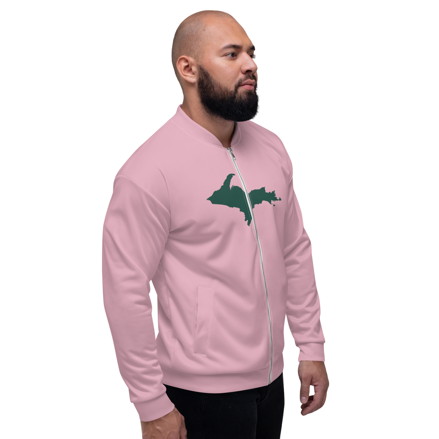 Michigan Upper Peninsula Bomber Jacket (w/ Large Green UP Outline) | Pink