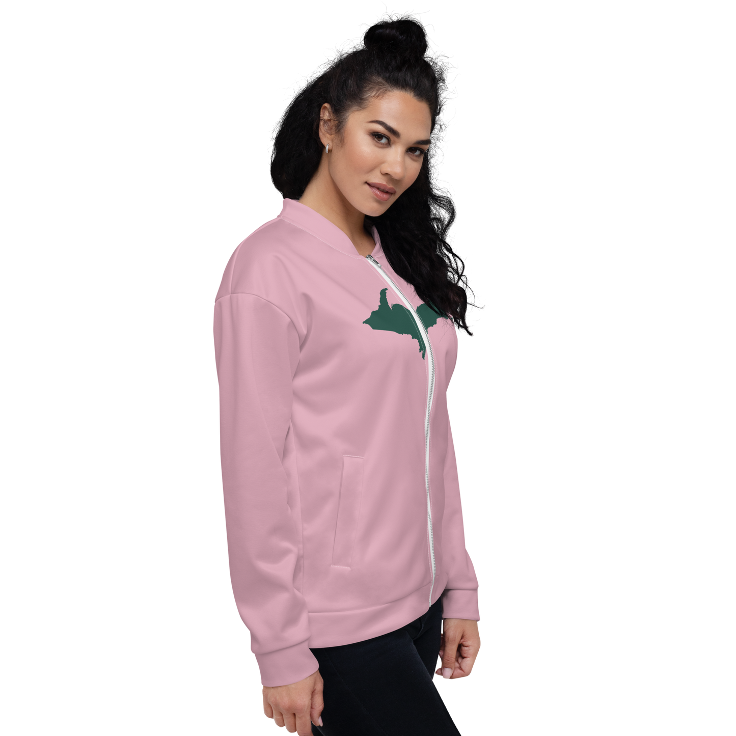 Michigan Upper Peninsula Bomber Jacket (w/ Large Green UP Outline) | Pink