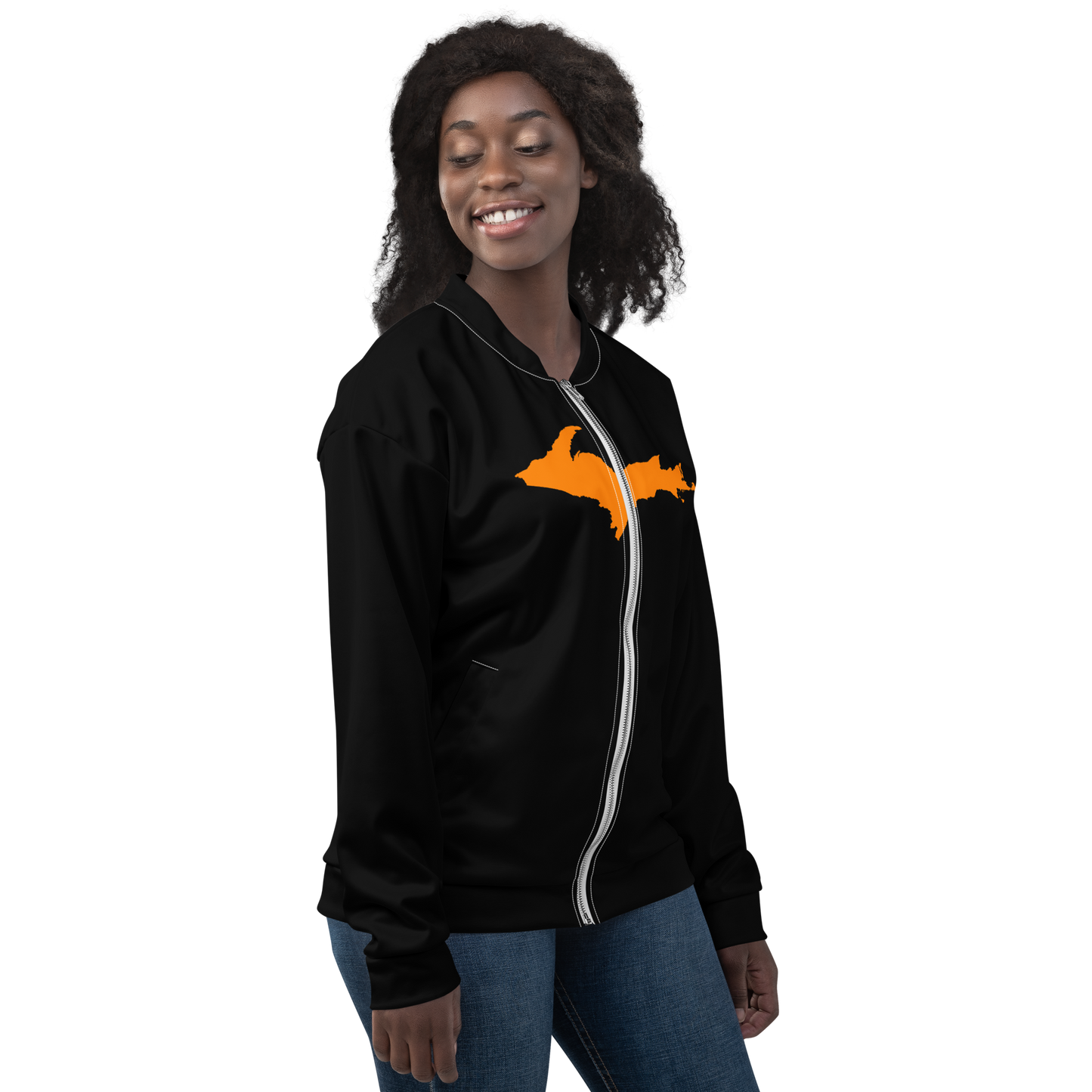 Michigan Upper Peninsula Bomber Jacket (w/ Large Orange UP Outline) | Black