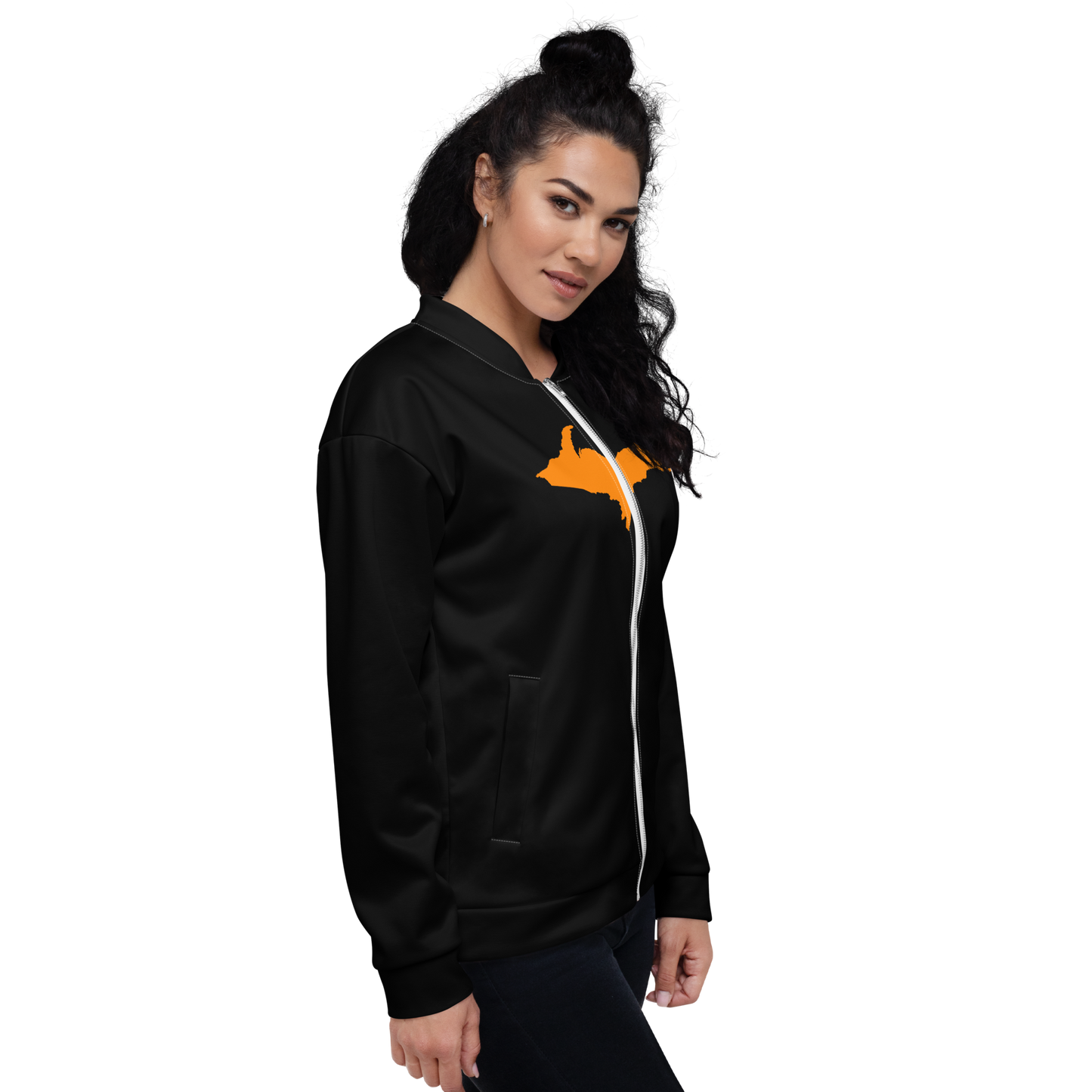 Michigan Upper Peninsula Bomber Jacket (w/ Large Orange UP Outline) | Black