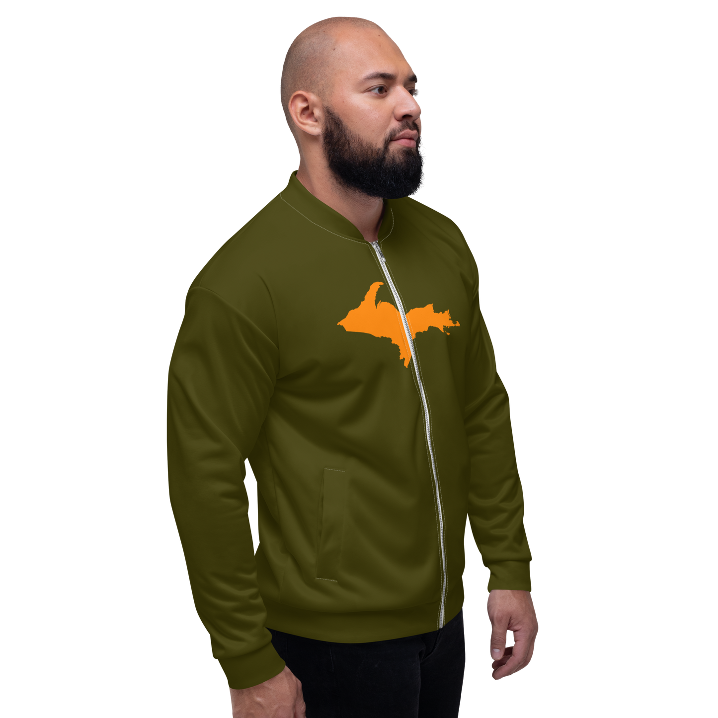 Michigan Upper Peninsula Bomber Jacket (w/ Large Orange UP Outline) | Military Green