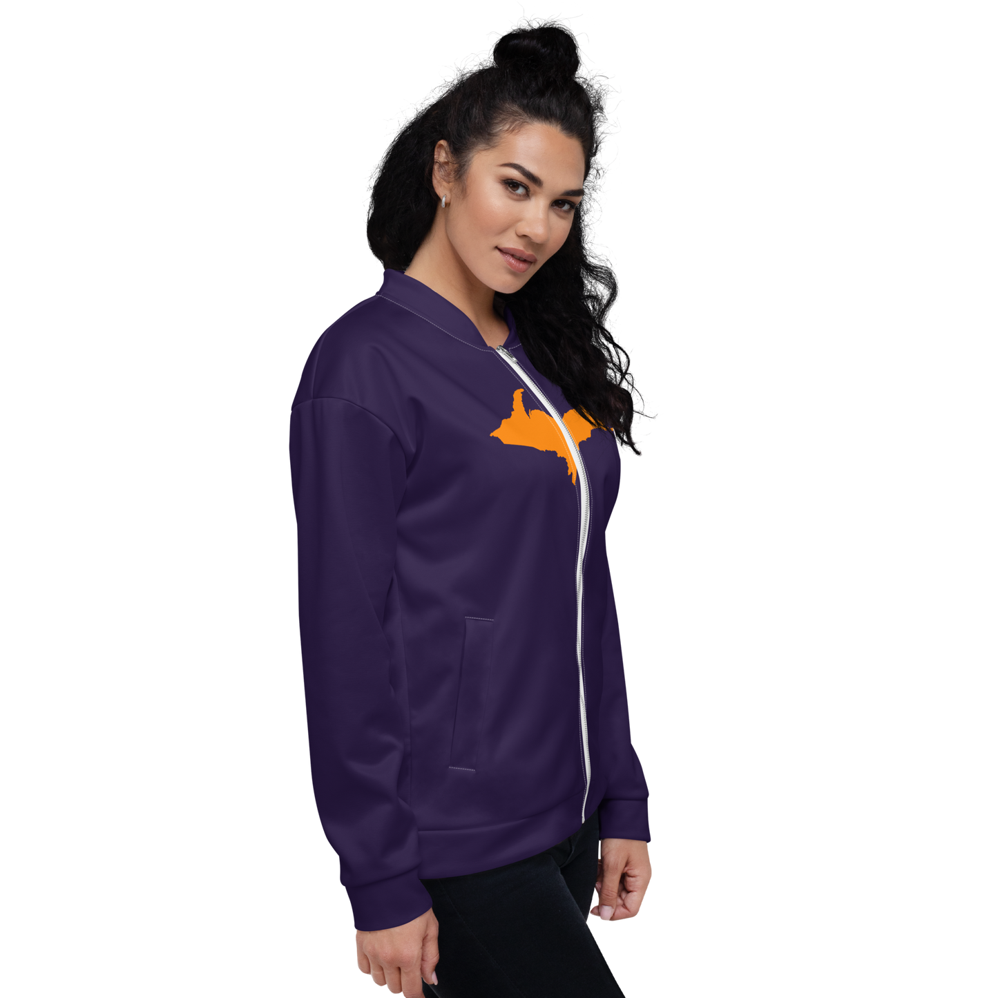 Michigan Upper Peninsula Bomber Jacket (w/ Large Orange UP Outline) | Blackcurrant Color