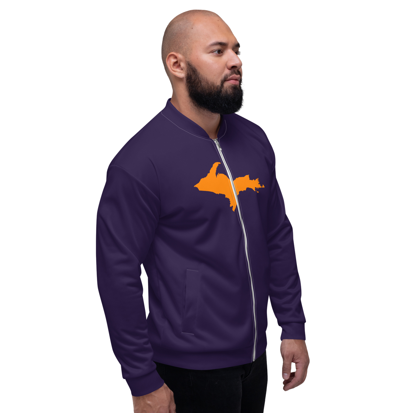 Michigan Upper Peninsula Bomber Jacket (w/ Large Orange UP Outline) | Blackcurrant Color