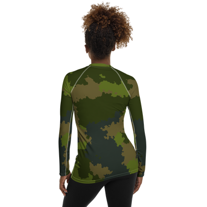 Michigan Upper Peninsula Rash Guard (w/ UP USA Flag) | Women's - Woodland Camo