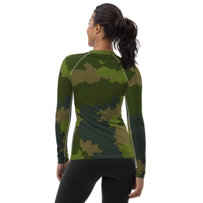 Michigan Upper Peninsula Rash Guard (w/ UP USA Flag) | Women's - Woodland Camo