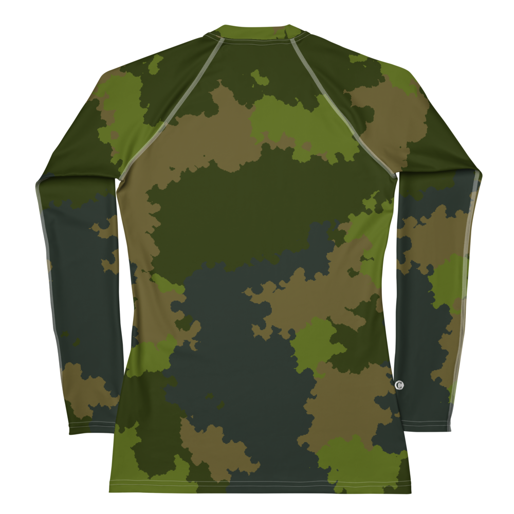 Michigan Upper Peninsula Rash Guard (w/ UP USA Flag) | Women's - Woodland Camo