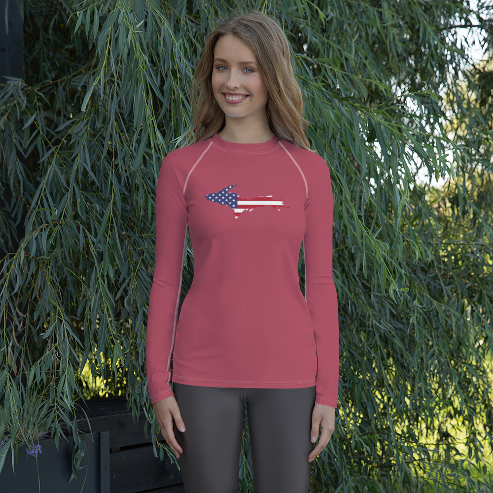 Michigan Upper Peninsula Rash Guard (w/ UP USA Flag) | Women's - Popstar Pink