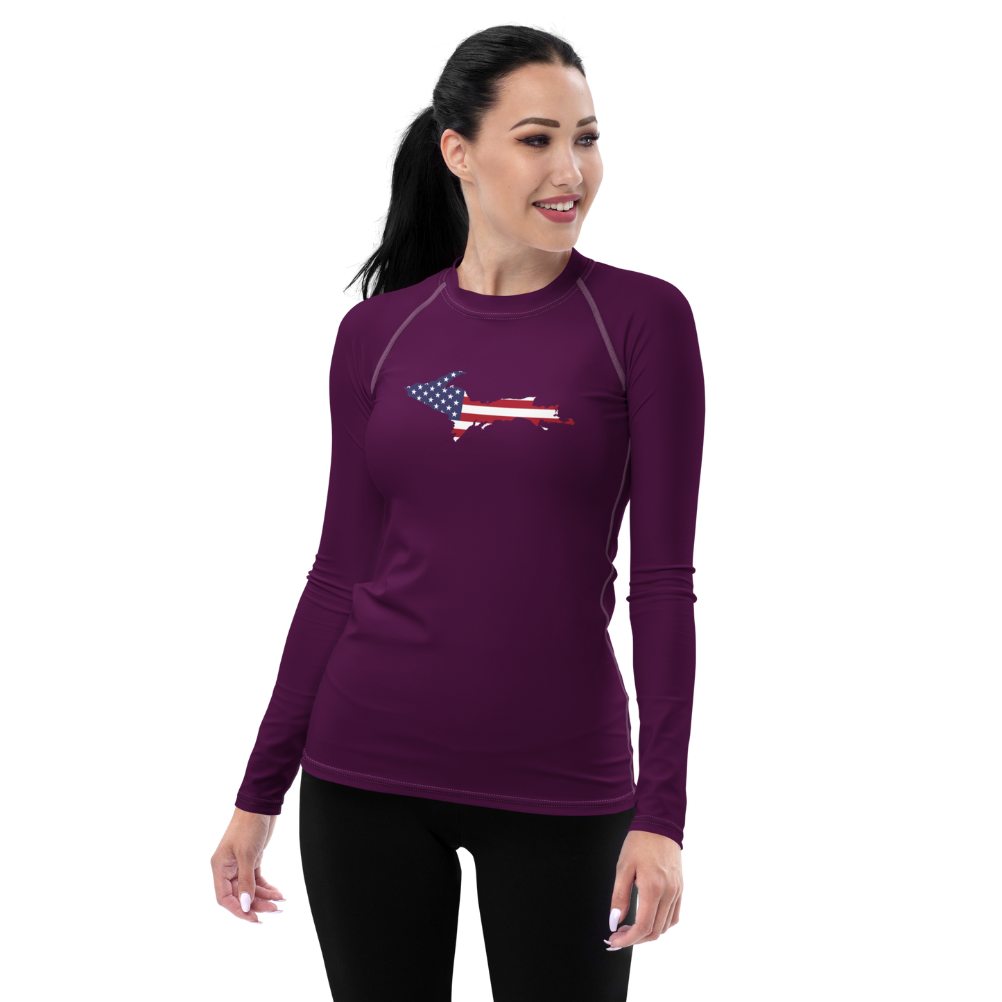 Michigan Upper Peninsula Rash Guard (w/ UP USA Flag) | Women's - Tyrian Purple