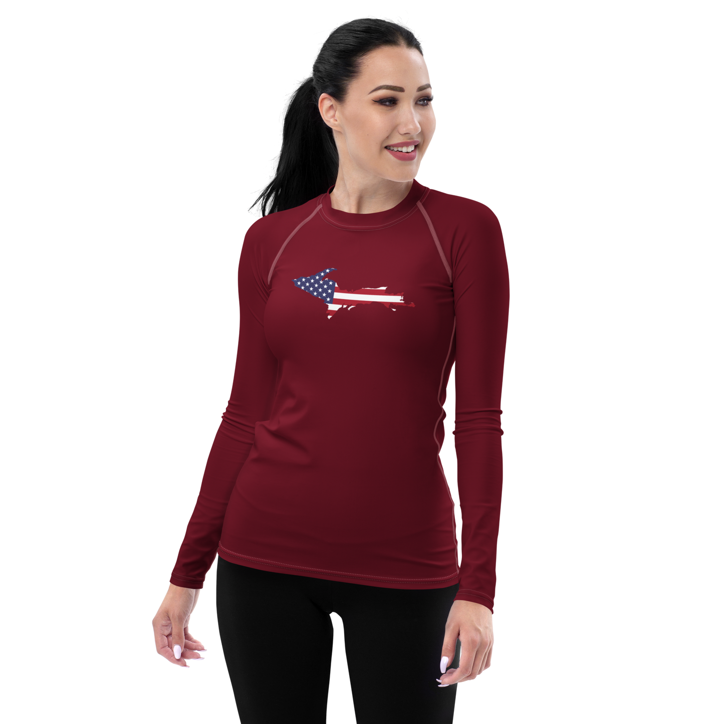 Michigan Upper Peninsula Rash Guard (w/ UP USA Flag) | Women's - Burgandy