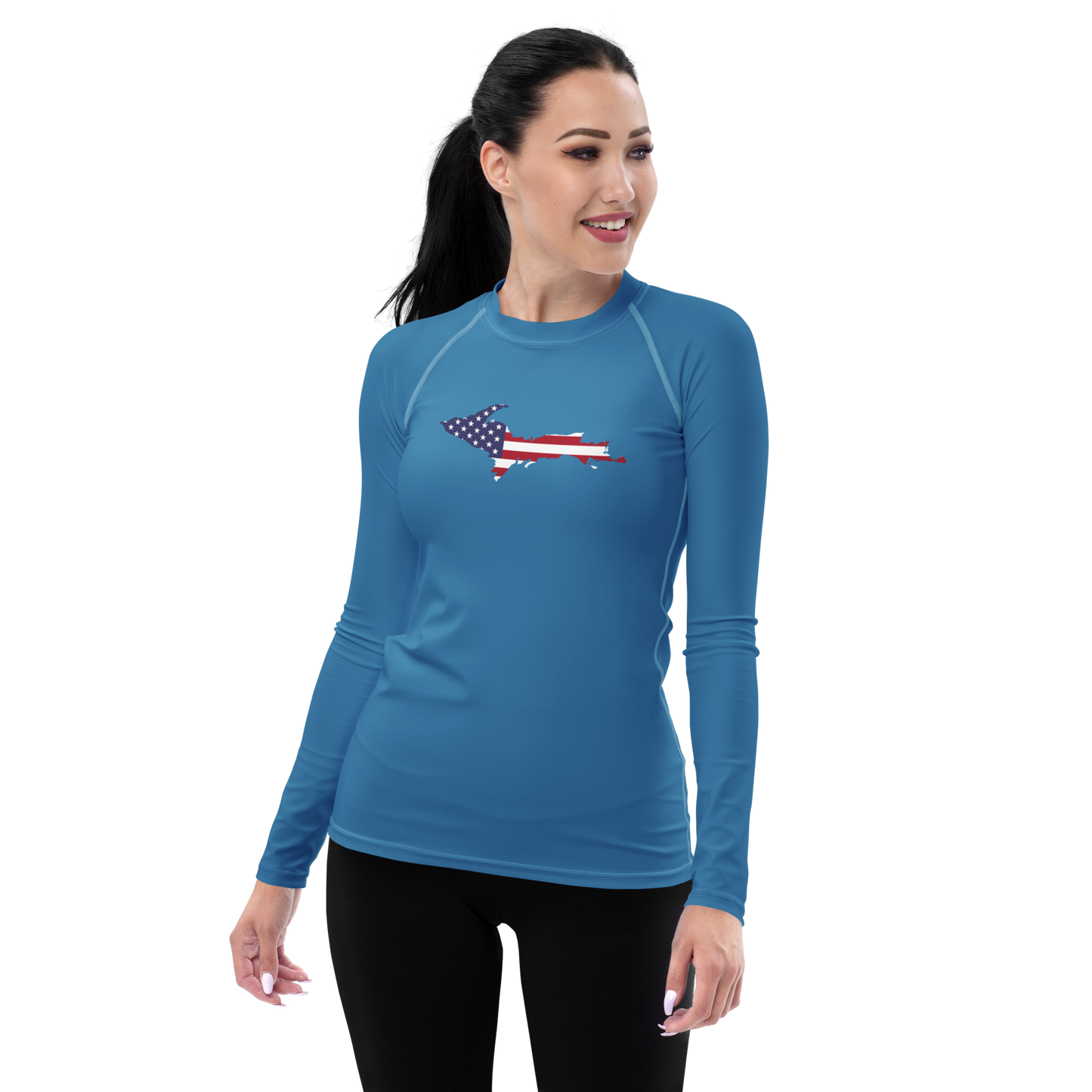 Michigan Upper Peninsula Rash Guard (w/ UP USA Flag) | Women's - Lake Michigan Blue