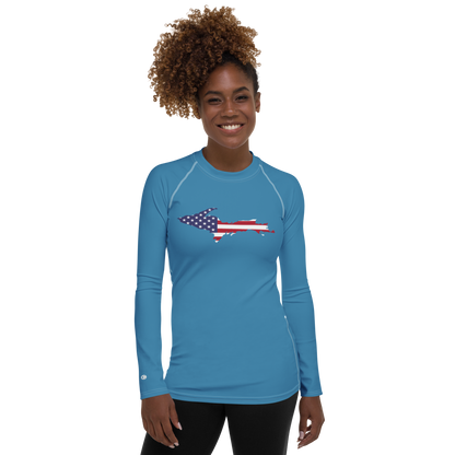 Michigan Upper Peninsula Rash Guard (w/ UP USA Flag) | Women's - Lake Michigan Blue