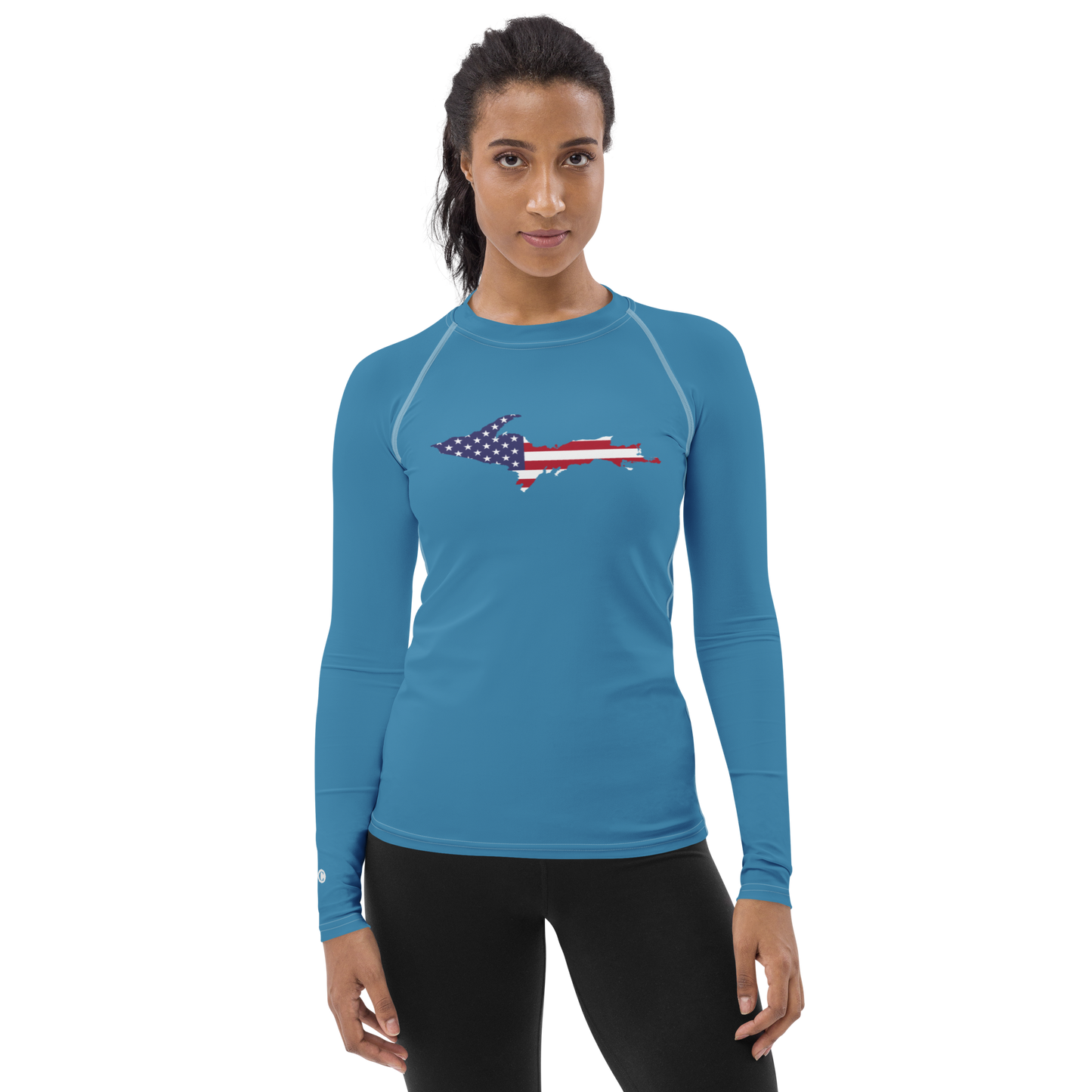 Michigan Upper Peninsula Rash Guard (w/ UP USA Flag) | Women's - Lake Michigan Blue