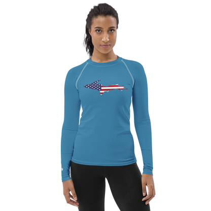 Michigan Upper Peninsula Rash Guard (w/ UP USA Flag) | Women's - Lake Michigan Blue