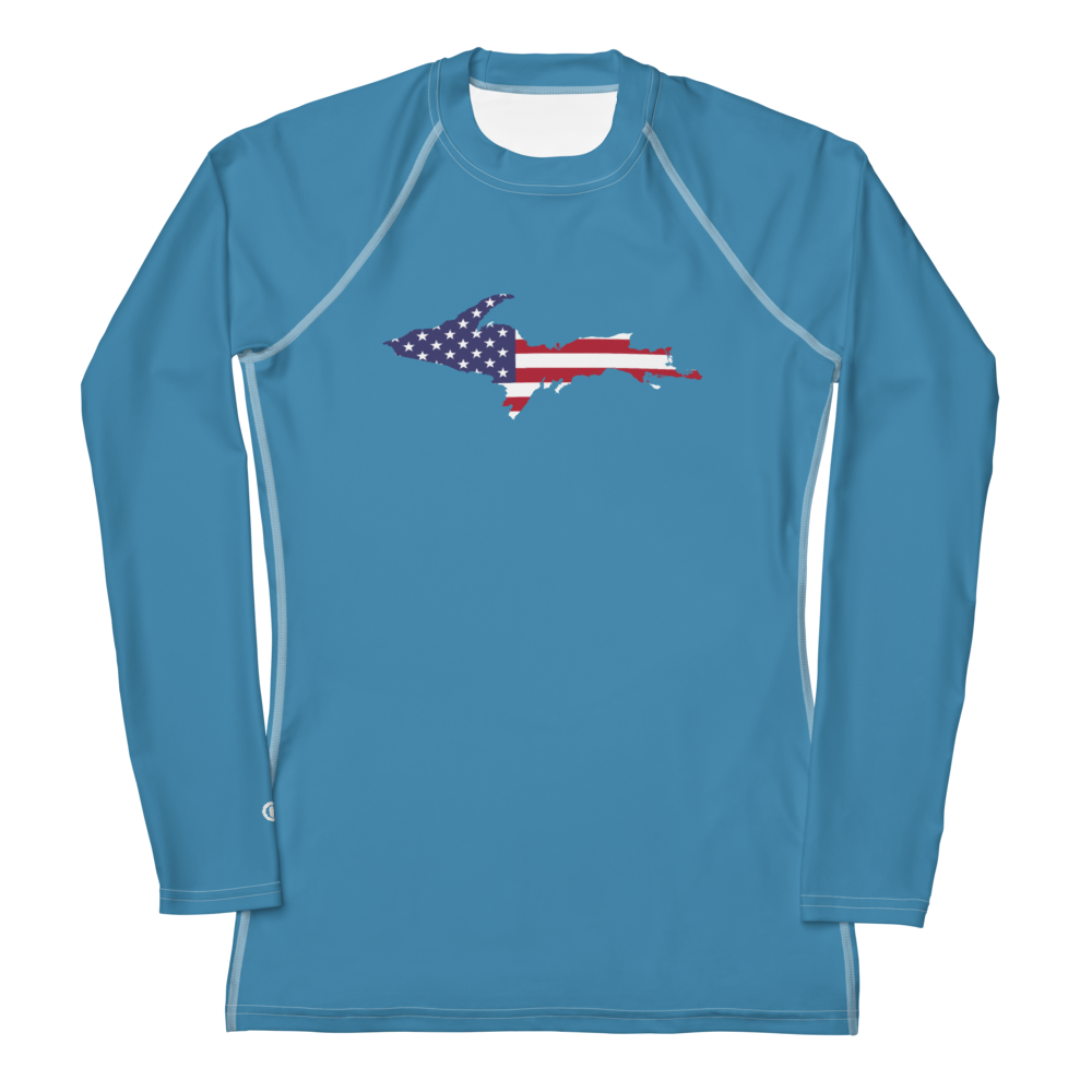 Michigan Upper Peninsula Rash Guard (w/ UP USA Flag) | Women's - Lake Michigan Blue