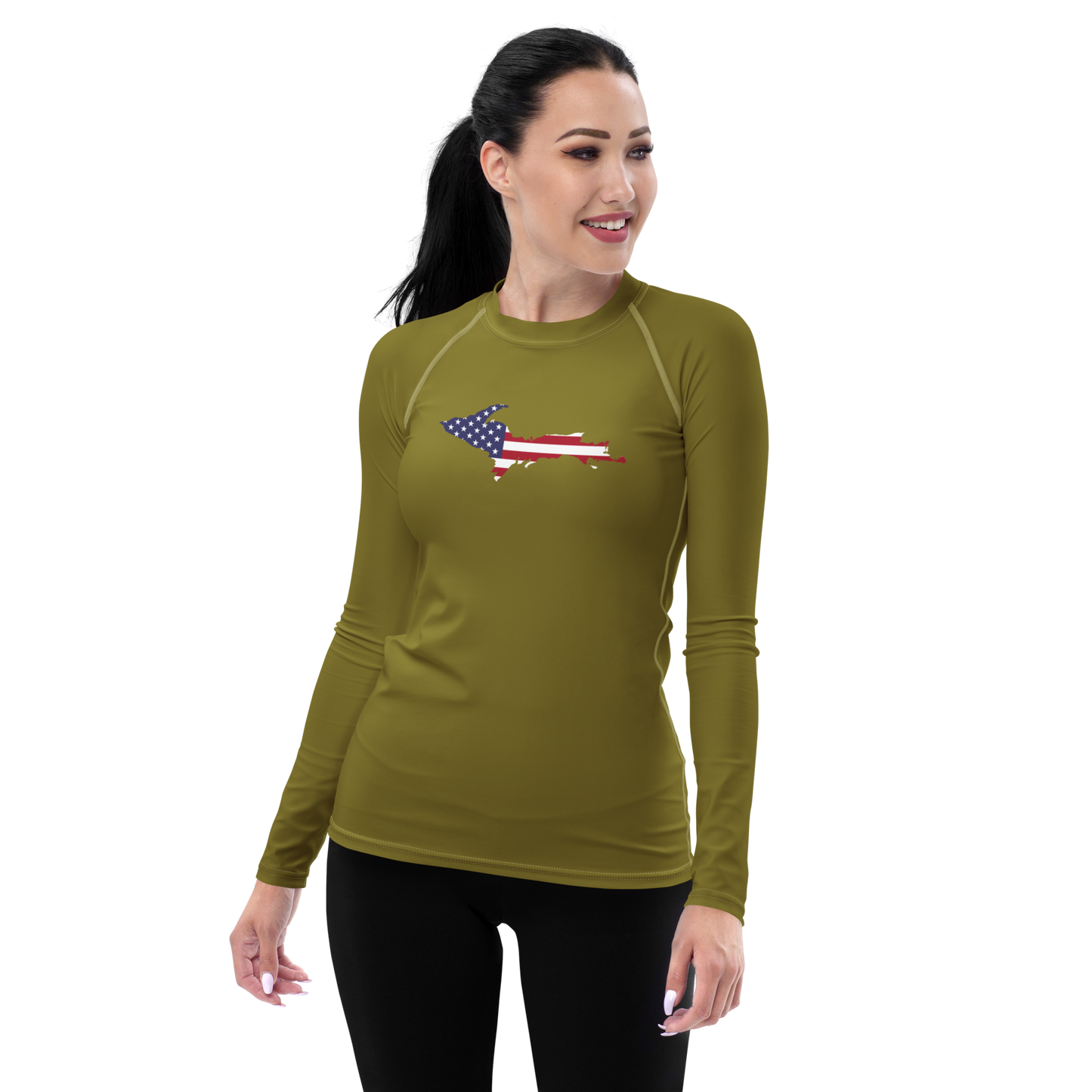 Michigan Upper Peninsula Rash Guard (w/ UP USA Flag) | Women's - Scrub Gold