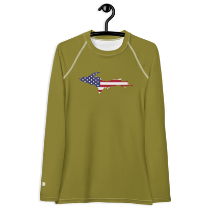 Michigan Upper Peninsula Rash Guard (w/ UP USA Flag) | Women's - Scrub Gold