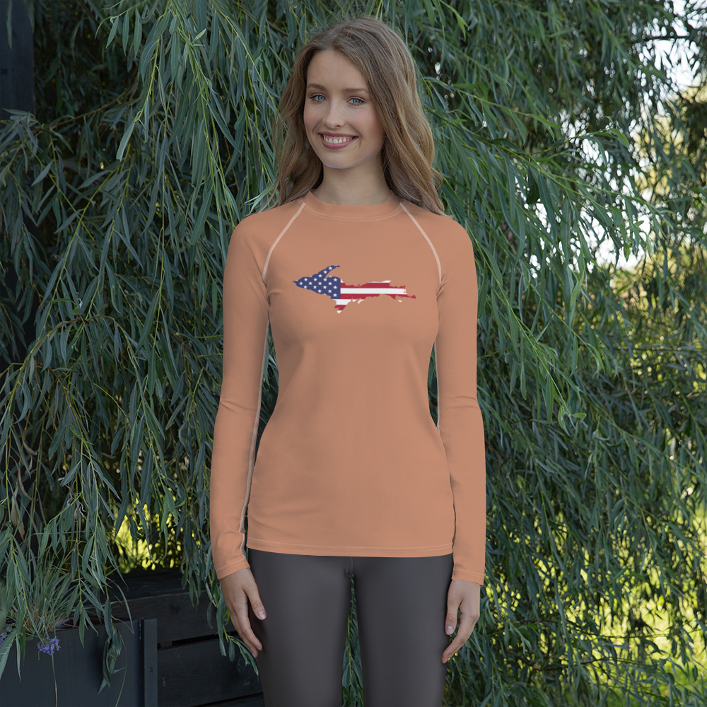 Michigan Upper Peninsula Rash Guard (w/ UP USA Flag) | Women's - Copper Color