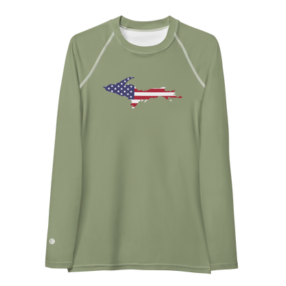 Michigan Upper Peninsula Rash Guard (w/ UP USA Flag) | Women's - Beachgrass Green