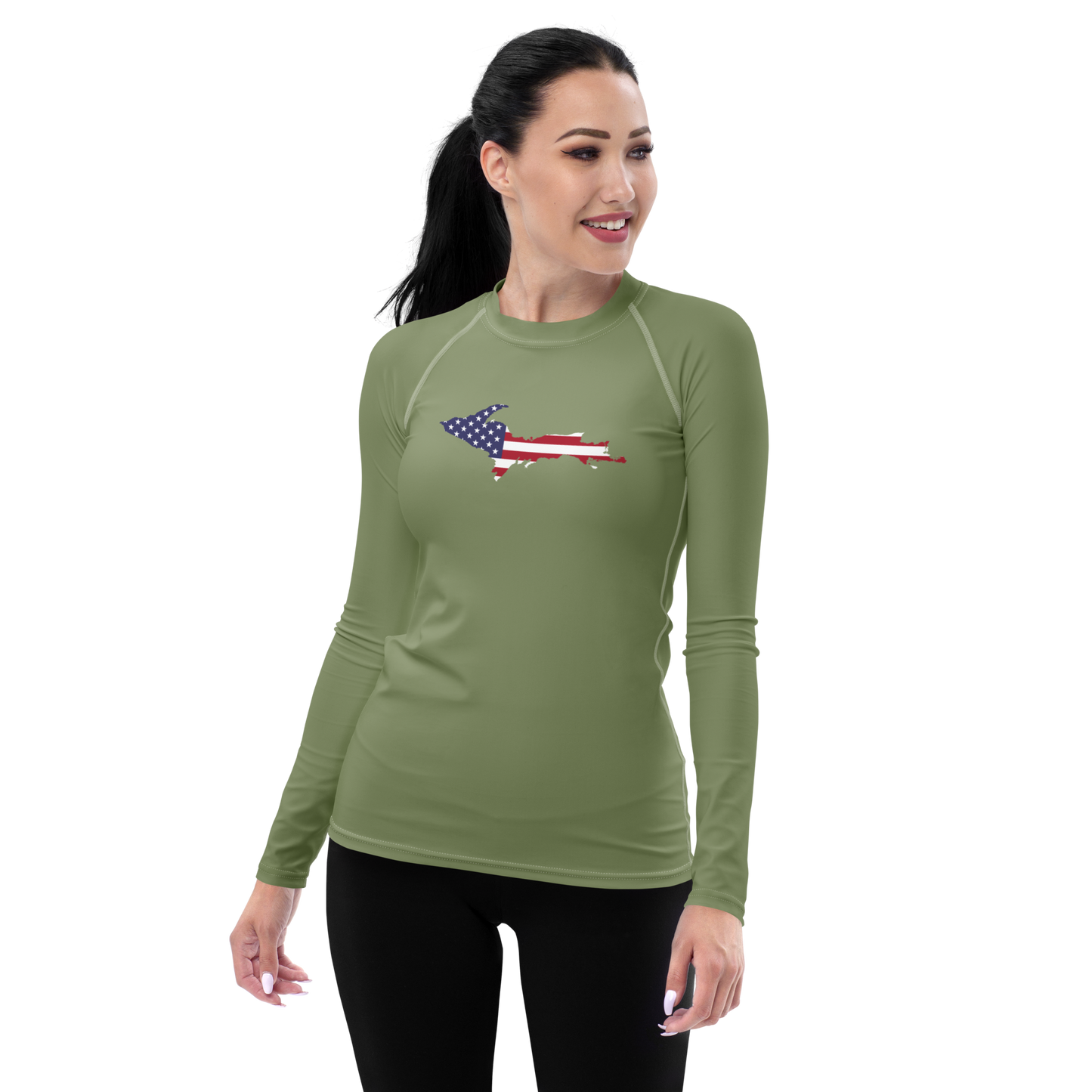 Michigan Upper Peninsula Rash Guard (w/ UP USA Flag) | Women's - Beachgrass Green