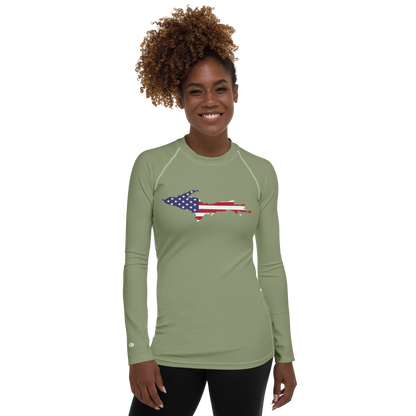 Michigan Upper Peninsula Rash Guard (w/ UP USA Flag) | Women's - Beachgrass Green