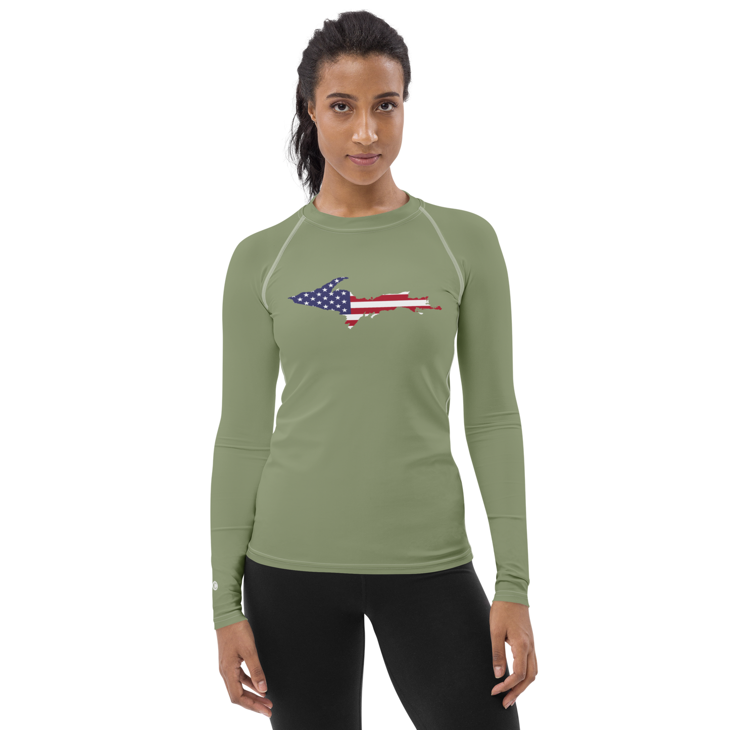 Michigan Upper Peninsula Rash Guard (w/ UP USA Flag) | Women's - Beachgrass Green