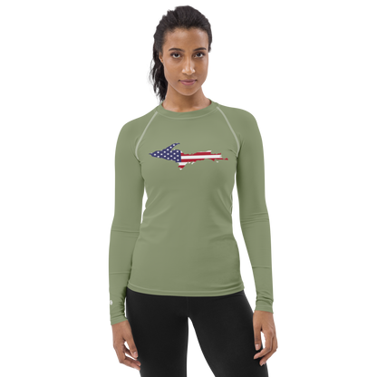 Michigan Upper Peninsula Rash Guard (w/ UP USA Flag) | Women's - Beachgrass Green