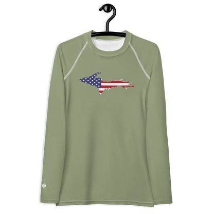 Michigan Upper Peninsula Rash Guard (w/ UP USA Flag) | Women's - Beachgrass Green