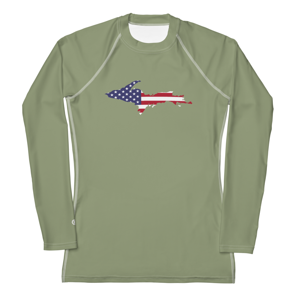 Michigan Upper Peninsula Rash Guard (w/ UP USA Flag) | Women's - Beachgrass Green