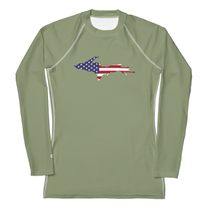 Michigan Upper Peninsula Rash Guard (w/ UP USA Flag) | Women's - Beachgrass Green