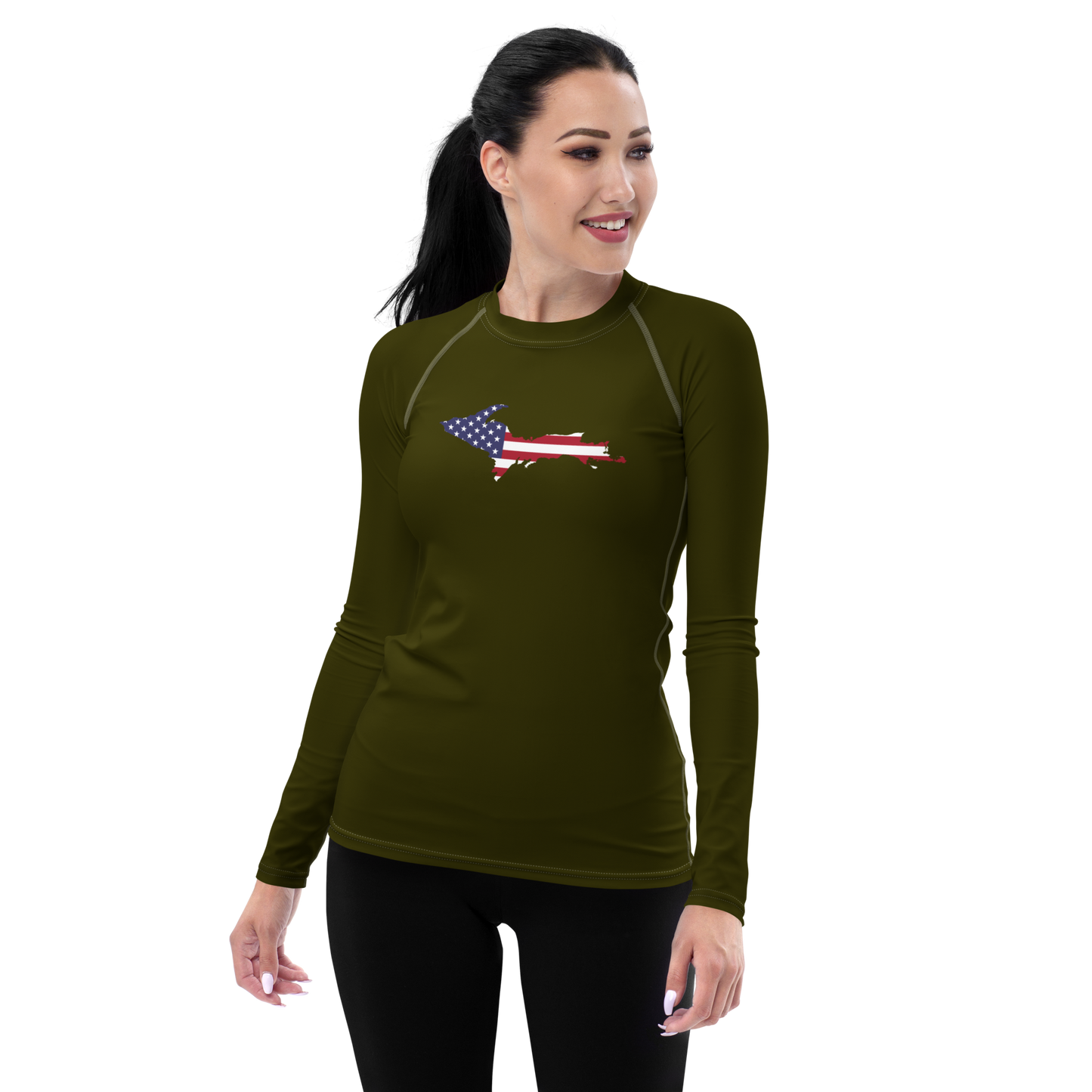 Michigan Upper Peninsula Rash Guard (w/ UP USA Flag) | Women's - Military Green